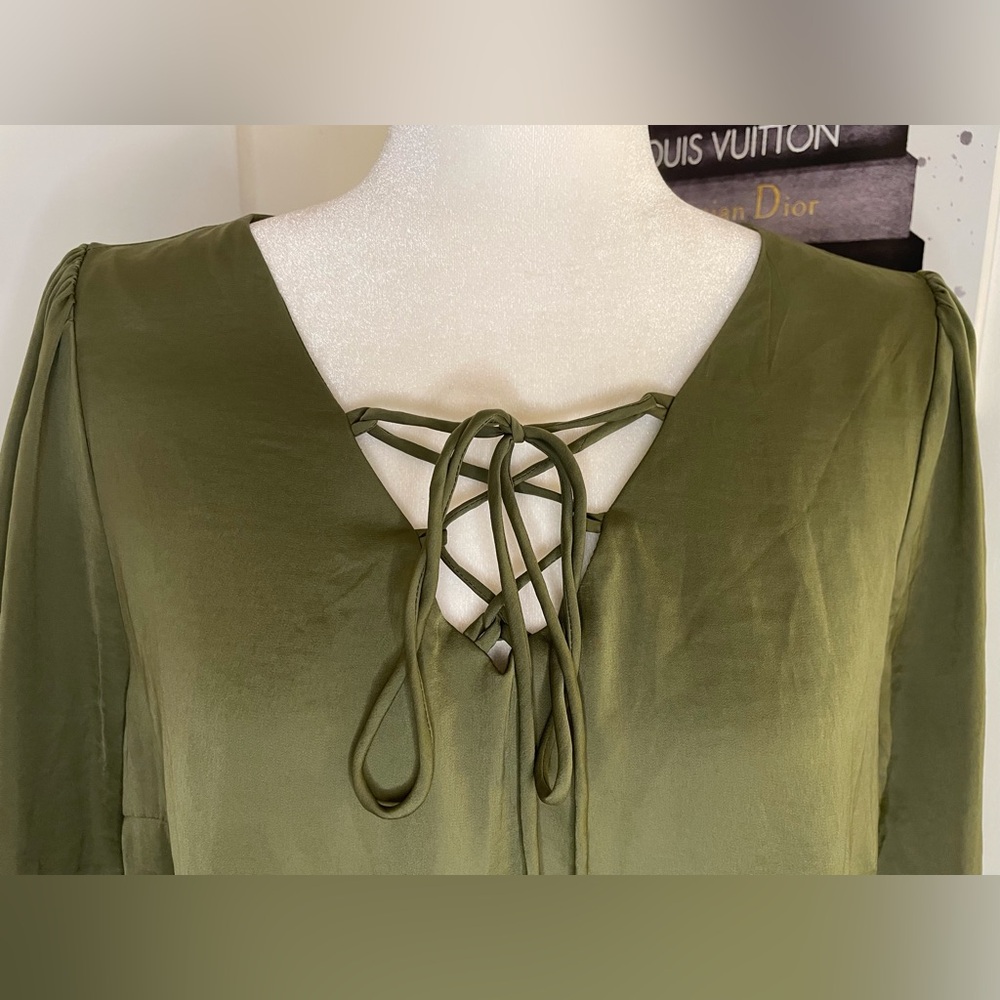 Venus Long Bell Sleeves Mini Dress Olive Green Size Medium - Picture 2 of 15